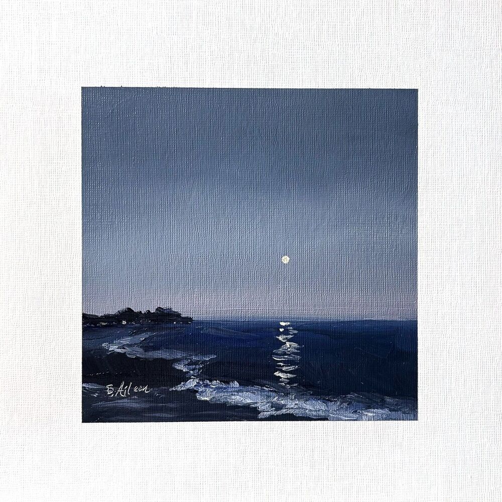 8x8 Maine Original Oil Painting Seascape Nocturne Ocean Moonlight Coastal Signed